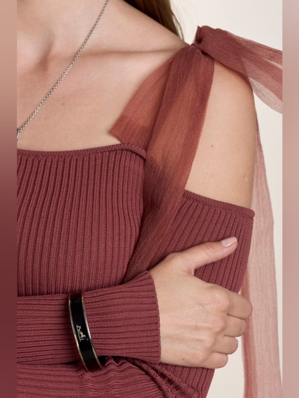 Zara Rust Ribbon Ribbed Top - Picture 1 of 10